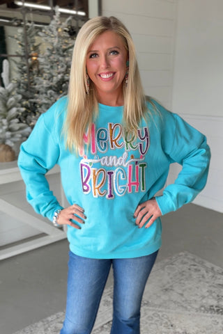 Merry & Bright Sweatshirt Turquoise Sweatshirt Bling A GoGo