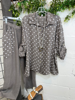 Barbados Linen Set Dk Taupe Top & Pant Set S & F/ Italy