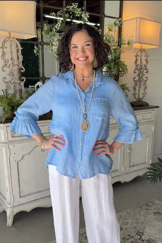 Veronica Linen Top Lt Blue
