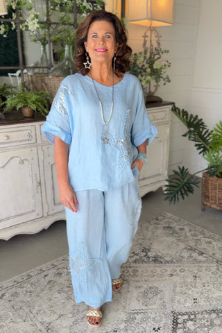 Belize Linen Set Lt Blue Top & Pant Set S & F/ Italy