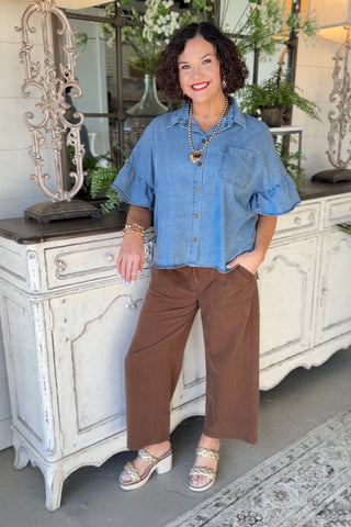 easel denim dress Long Sleeve Washed The Colony Shop Soft chambray fabric offers breathable comfort with a lived Easel Button Down Tiered &