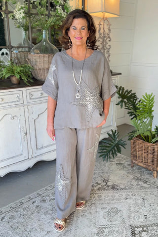 Belize Linen Set Dk Taupe Top & Pant Set S & F/ Italy