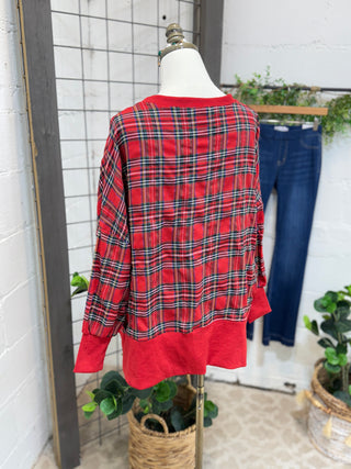 Fuzzy Merry Plaid Sweatshirt by Bibi Shirts & Tops Bibi