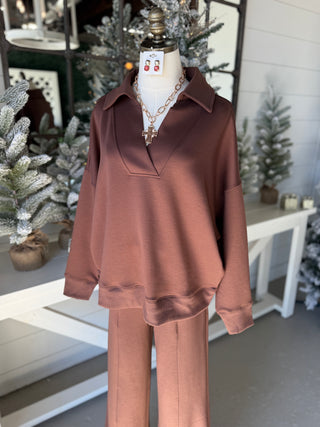 Abby Scuba Set Chocolate Top & Pant Set Zenana