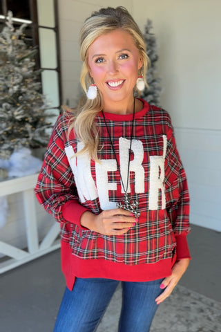 Fuzzy Merry Plaid Sweatshirt by Bibi Shirts & Tops Bibi