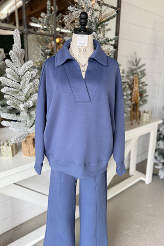 Abby Scuba Set Blue Indigo Top & Pant Set Zenana