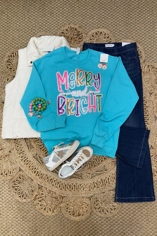Merry & Bright Sweatshirt Turquoise Sweatshirt Bling A GoGo