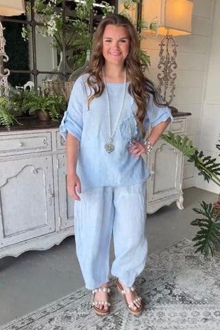 Hey Girl Linen Top Lt Blue Shirts & Tops Miss Coco