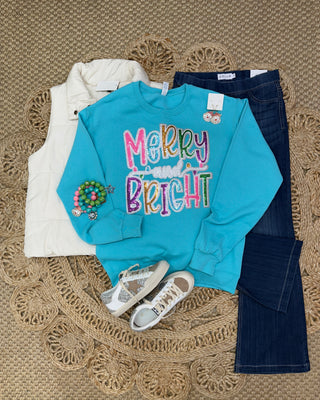 Merry & Bright Sweatshirt Turquoise Sweatshirt Bling A GoGo