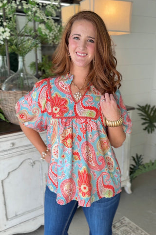 Sanibel Top Lt Blue Paisley by Umgee Shirts & Tops Umgee
