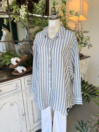 Webster Linen Top Navy Stripe RESTOCK Soon Shirts & Tops Pol Clothing