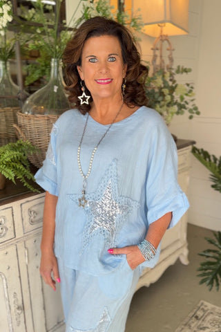 Belize Linen Set Lt Blue Top & Pant Set S & F/ Italy