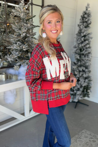 Fuzzy Merry Plaid Sweatshirt by Bibi Shirts & Tops Bibi
