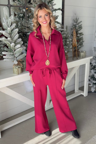 Abby Scuba Set Cabernet Top & Pant Set Zenana