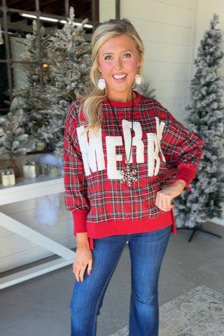 Fuzzy Merry Plaid Sweatshirt by Bibi Shirts & Tops Bibi