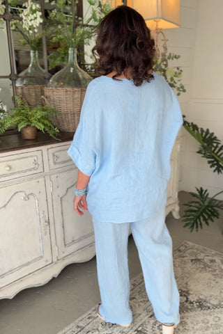Belize Linen Set Lt Blue Top & Pant Set S & F/ Italy