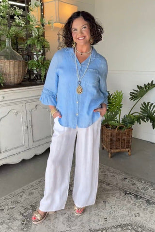 Veronica Linen Top Lt Blue