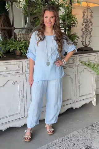 Hey Girl Linen Top Lt Blue Shirts & Tops Miss Coco