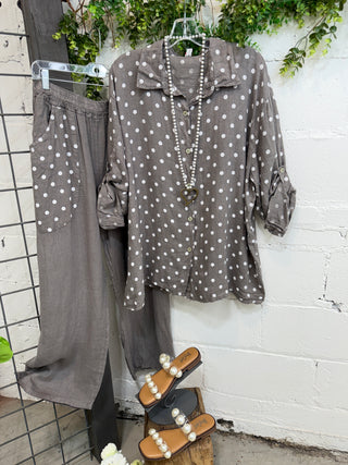 Barbados Linen Set Dk Taupe Top & Pant Set S & F/ Italy