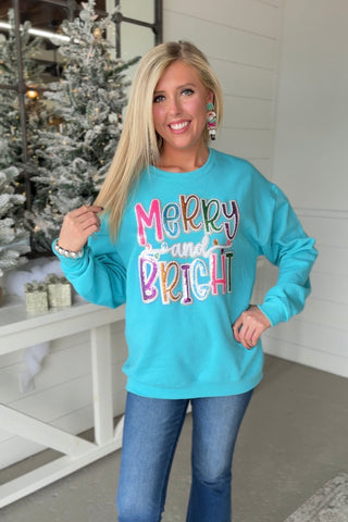 Merry & Bright Sweatshirt Turquoise Sweatshirt Bling A GoGo