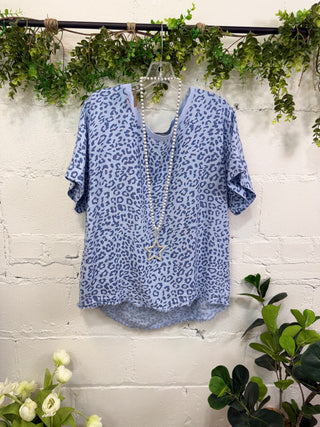Cool Cat Linen Top Blue Shirts & Tops Miss Carla