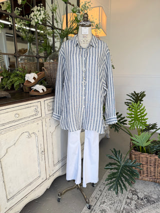 Webster Linen Top Navy Stripe RESTOCK Soon Shirts & Tops Pol Clothing