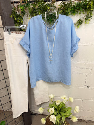 Caitlyn Linen Top Lt Blue Shirts & Tops S & F/ Italy