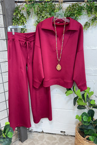 Abby Scuba Set Cabernet Top & Pant Set Zenana
