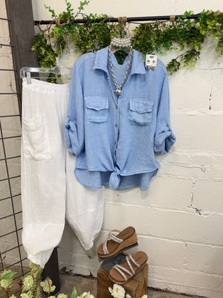 Perdido Linen Top Lt Blue Shirts & Tops Allison