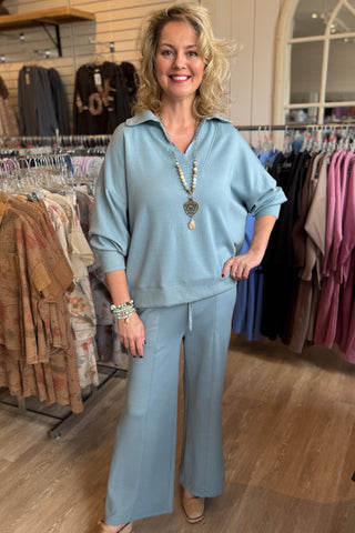Abby Scuba Set Blue Grey Top & Pant Set Zenana