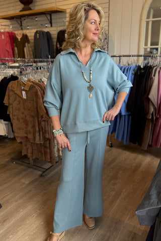Abby Scuba Set Blue Grey Top & Pant Set Zenana