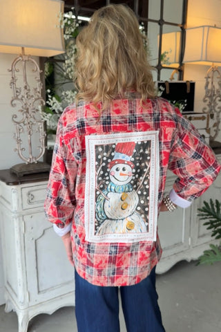 Plaid Snowman Top Red