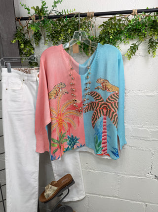 Crossings Sweater Aqua/Coral Sweater OHLALA