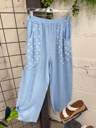 Barbados Linen Set Lt Blue Top & Pant Set S & F/ Italy