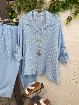 Barbados Linen Set Lt Blue Top & Pant Set S & F/ Italy