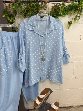 Barbados Linen Set Lt Blue Top & Pant Set S & F/ Italy