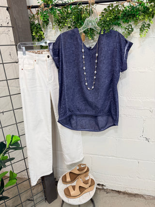 Released Linen Top Navy Shirts & Tops Camille & Co