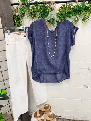 Released Linen Top Navy Shirts & Tops Camille & Co