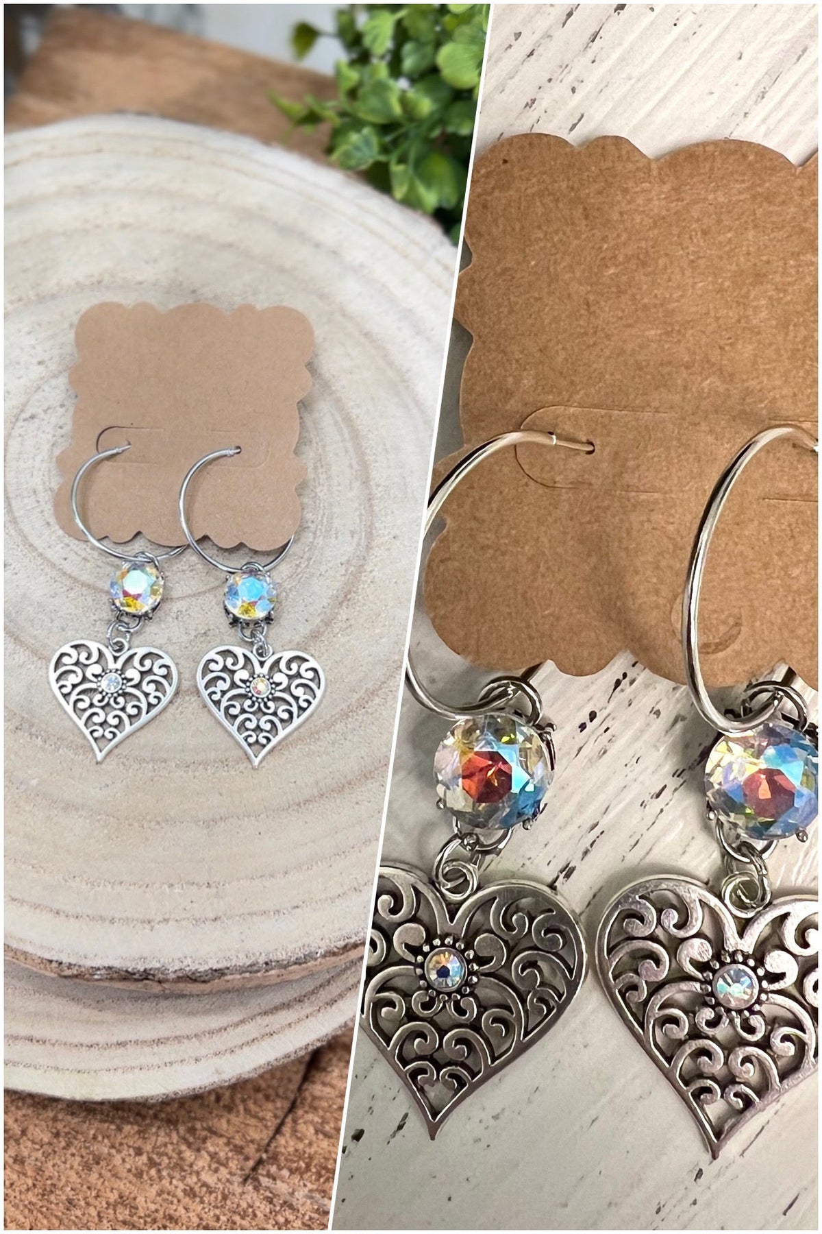 Beautiful Heart Earrings  BFF One Size 1 inch Silver Hoop/ AB Crystal/Silver Filigree Heart 